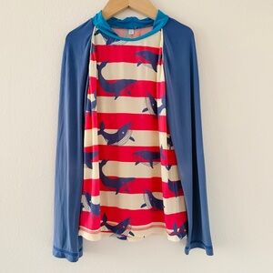 Mini Boden Whale Print Striped Bathing Suit Long Sleeve Rash Guard